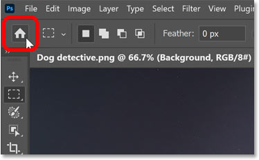 Clicking the Home button in Photoshop.