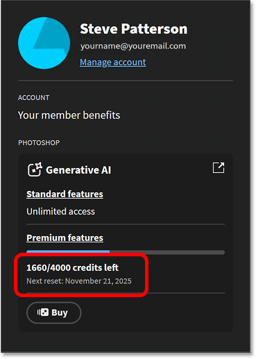 Viewing the generative credits balance in Photoshop