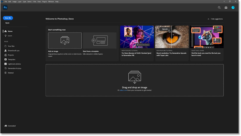 The Home Screen in Photoshop.