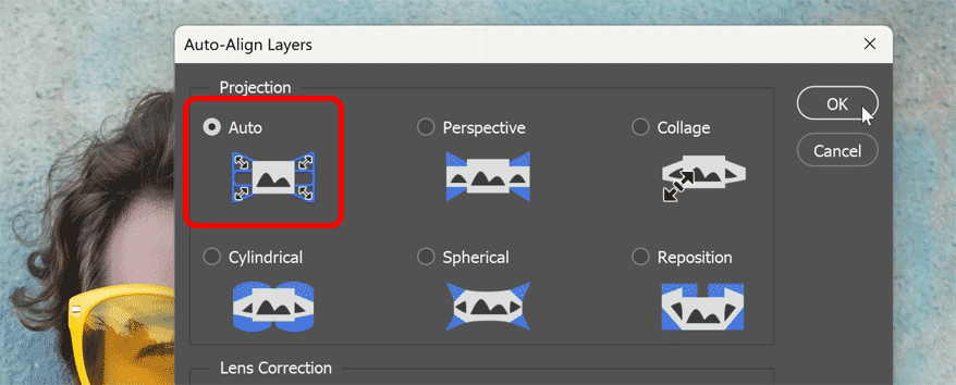 The Auto-Align Layers dialog box.
