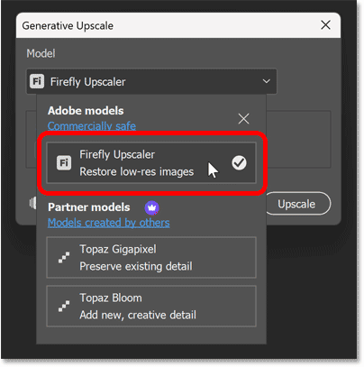 Choosing the Firefly Upscaler in Generative Upscale.