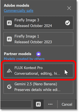 Choosing FLUX Kontext Pro from the Partner models in Generative Upscale.