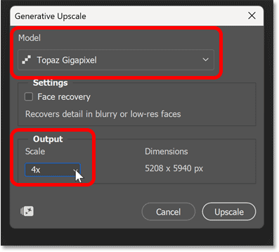 Choosing the Topaz Gigapixel model and 4x scale.