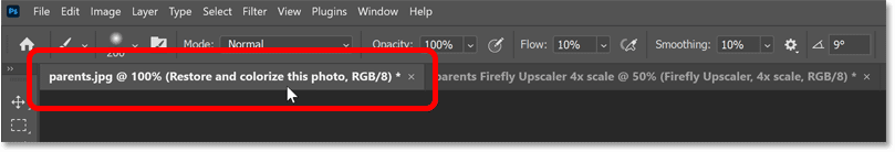 Switching back to the original image document in Photoshop.