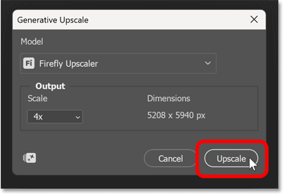 Clicking the Upscale button in the Generative Upscale dialog box.