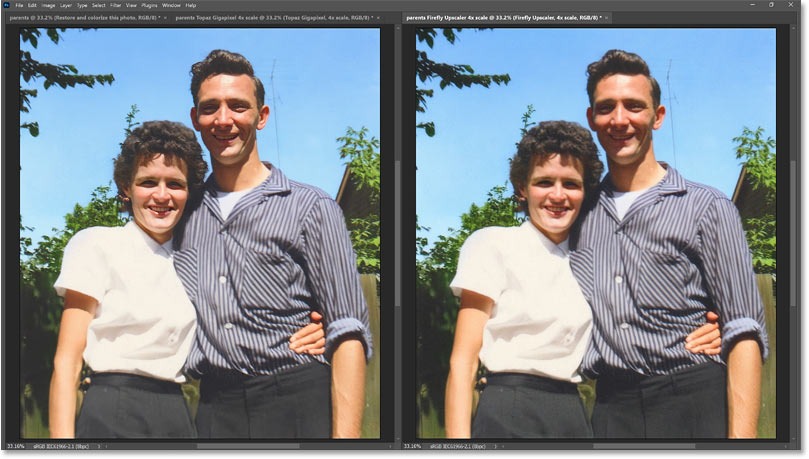 A second side by side comparison of Generative Upscale using the Firefly Upscaler and Topaz Gigapixel models in Photoshop 2026.