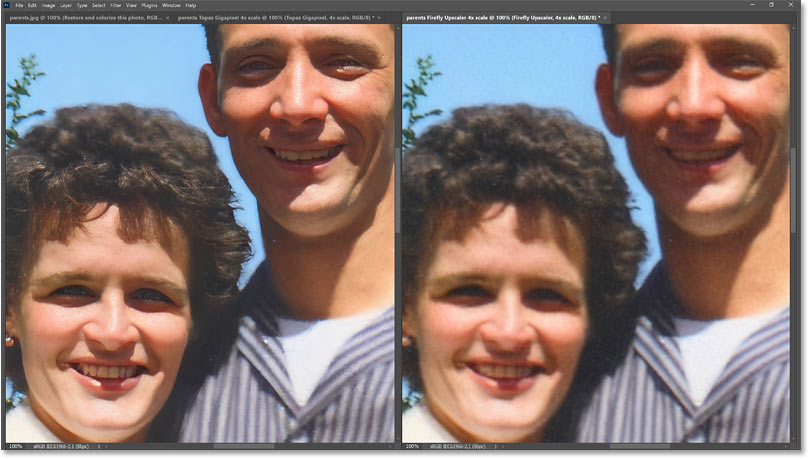 A side by side comparison of Generative Upscale using the Firefly Upscaler and Topaz Gigapixel models in Photoshop 2026.