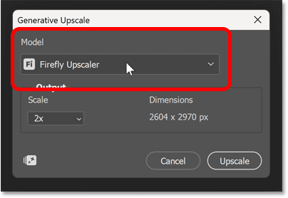 Clicking the currently active AI model in the Generative Upscale dialog box in Photoshop.
