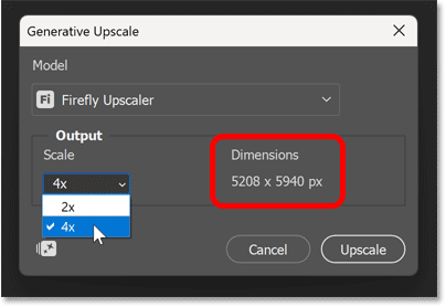 Choosing 2x or 4x for the upscale amount in the Generative Upscale dialog box.