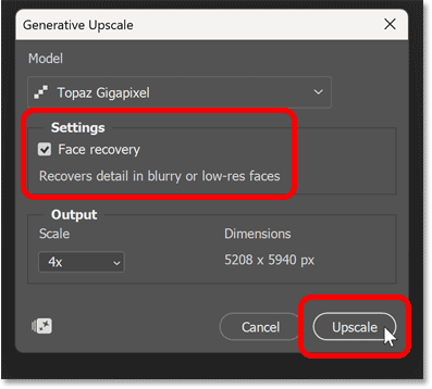 Enabling Face recovery and clicking Upscale.