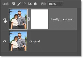 The Layers panel in Photoshop showing the Generative Upscale layer above the original image.