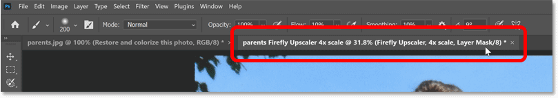 Images upscaled with Generative Upscale open in a separate Photoshop document.
