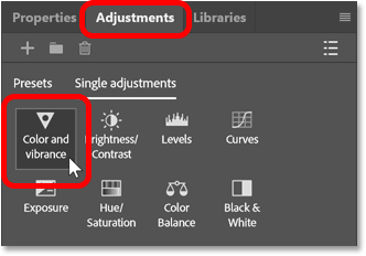 Choosing a Color and Vibrance adjustment layer.