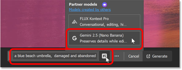 Entering a prompt and choosing the Gemini 2.5 (Nano Banana) partner model.
