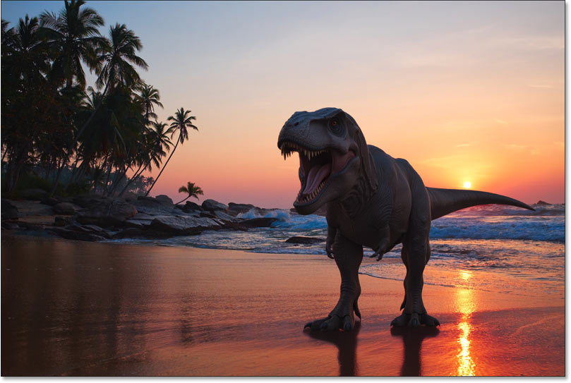 Harmonize instantly blended the dinosaur into the beach scene.