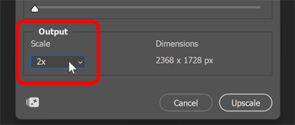 Choosing a 2x upscale for Topaz Bloom in Generative Upscale in Photoshop.