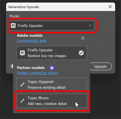 Choosing Topaz Bloom for the upscale model in Generative Upscale in Photoshop.
