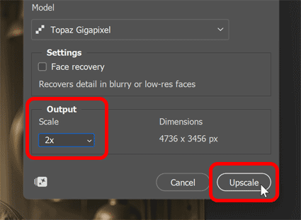 Choosing 2x and clicking Upscale.