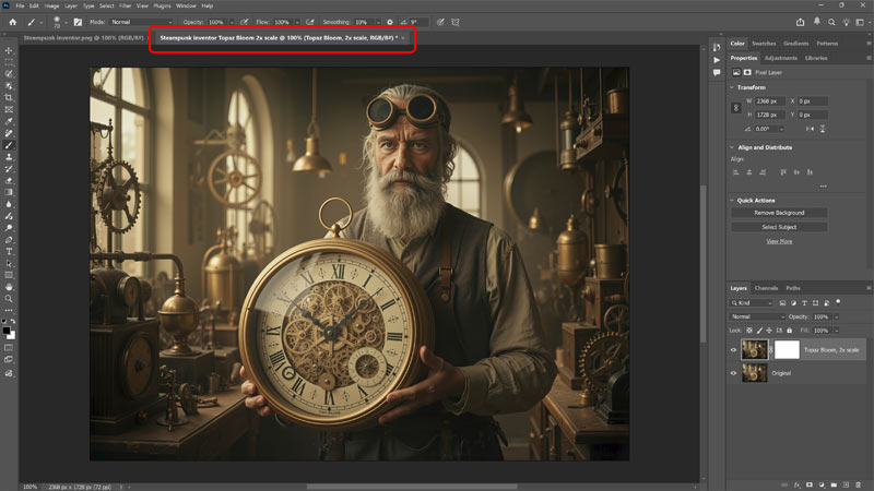 The Bloom upscaled version opens in a separate Photoshop document.