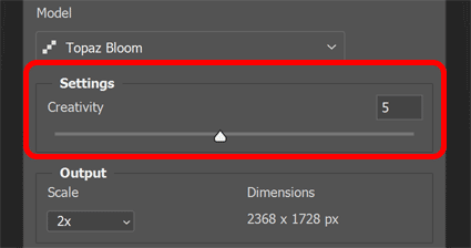 The Topaz Bloom Creativity slider in Generative Upscale in Photoshop.