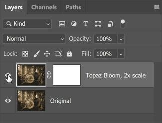 Photoshop’s Layers panel showing the Topaz Bloom upscale layer.