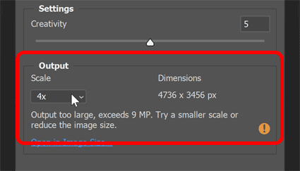 Photoshop warns you when your scale amount is too high in Generative Upscale.