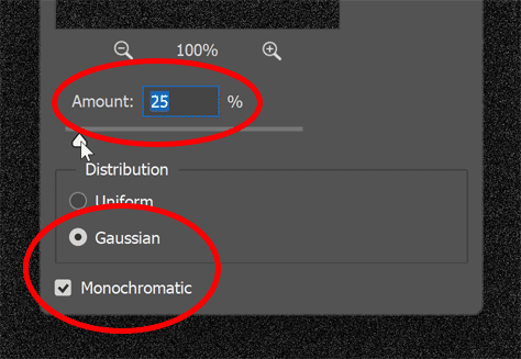 The Add Noise filter settings.