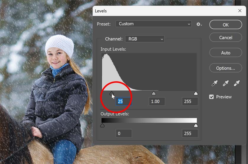 Dragging the black point slider to the right.
