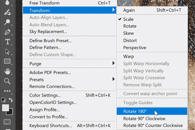 Choosing the Rotate 180 degrees command.